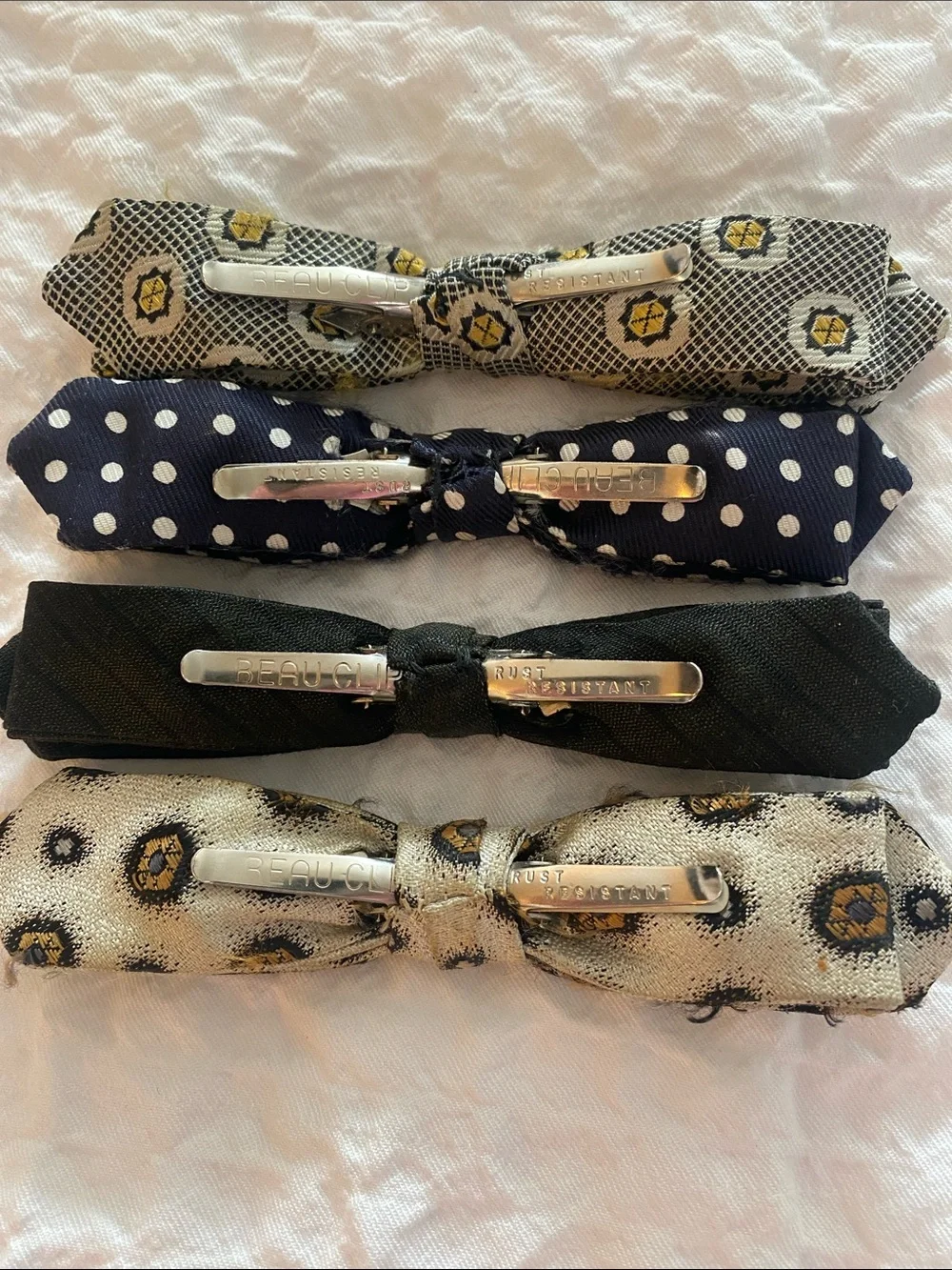 Vintage Men's Bow Ties Set - Navy Polka Dot, Black, Patterned Gold/Beige Retro